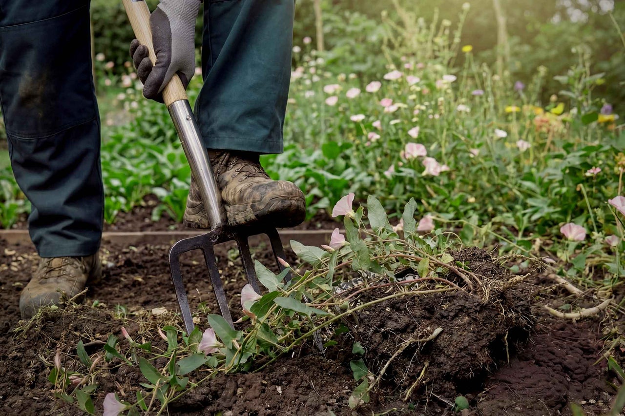 Eine Person gräbt Ackerwinde mit einer Grabgabel im Garten aus.