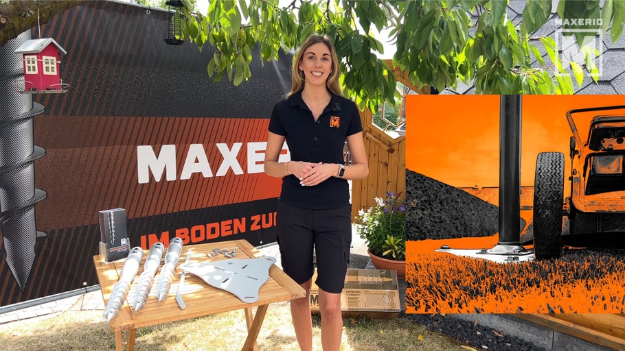 Präsentation von Maxerixx Schraubfundamenten für den Außenbereich mit freundlicher Moderatorin.