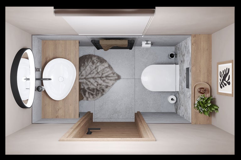 Draufsicht auf eine moderne Gäste-Toilette mit Holzwaschtisch, ovalem Aufsatzbecken, Wand-Toilette und Fliesen in Natursteinoptik.