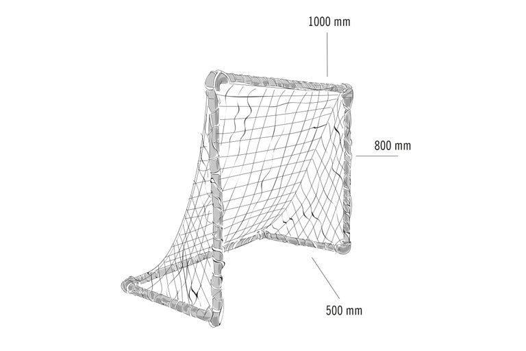 Abbildung eines Fußballtors mit den Maßen 1000 mm x 800 mm x 500 mm.