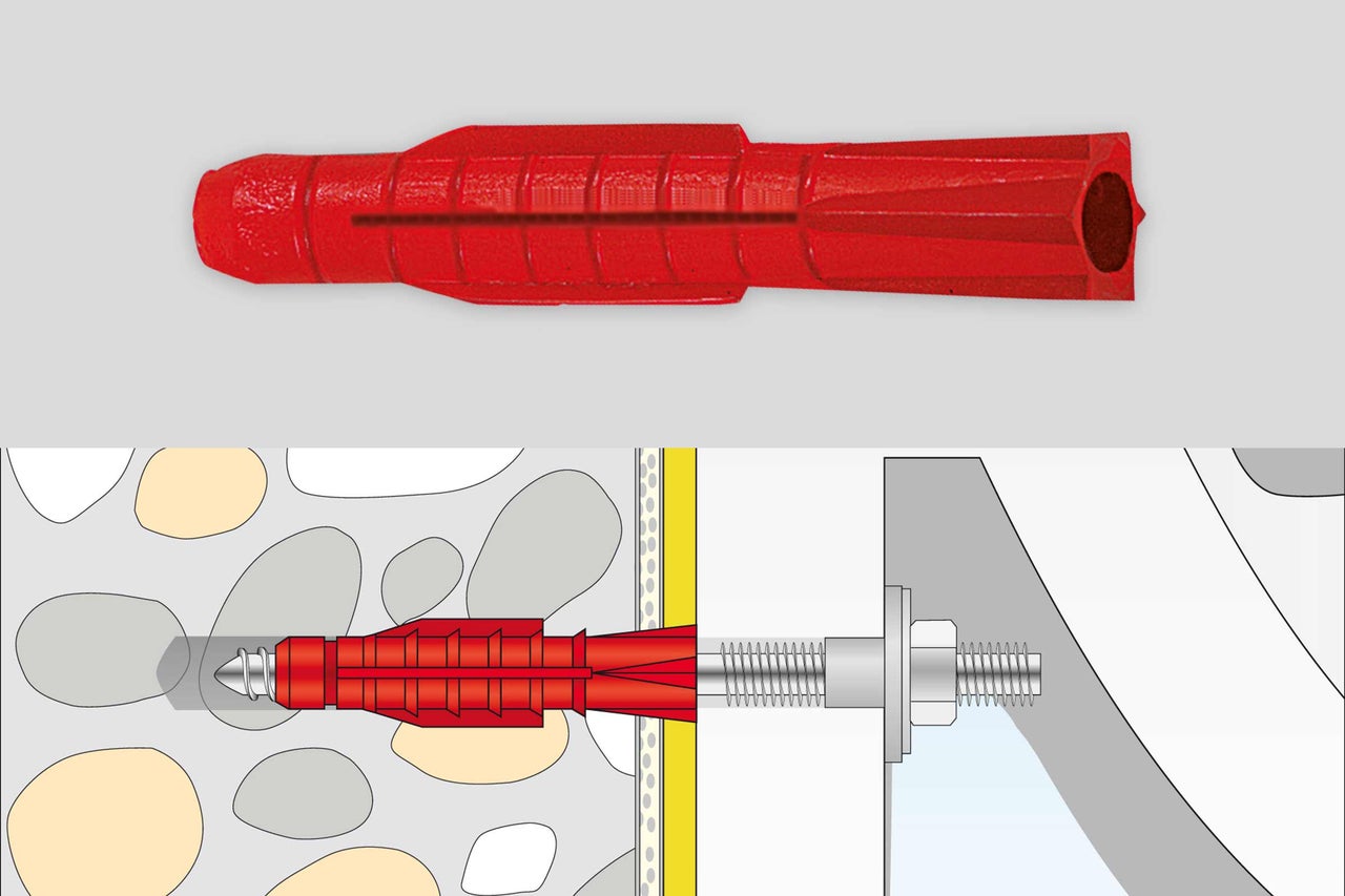 Kunststoffspreizdübel und schematische Darstellung der Anwendung