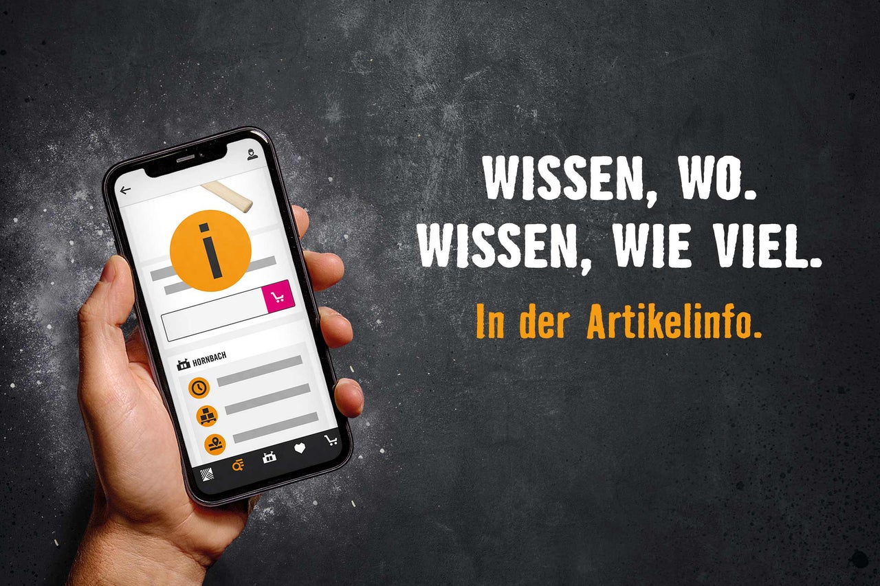 Smartphone mit Artikeldetail in der HORNBACH App, daneben der Text „Wissen, wo. Wissen, wie viel. in der Artikelinfo.“