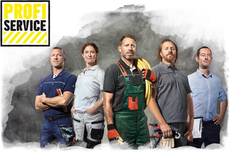 Fotografie von fünf Handwerkern vor gemustertem Hintergrund mit Hornbach Profi Service Logo.