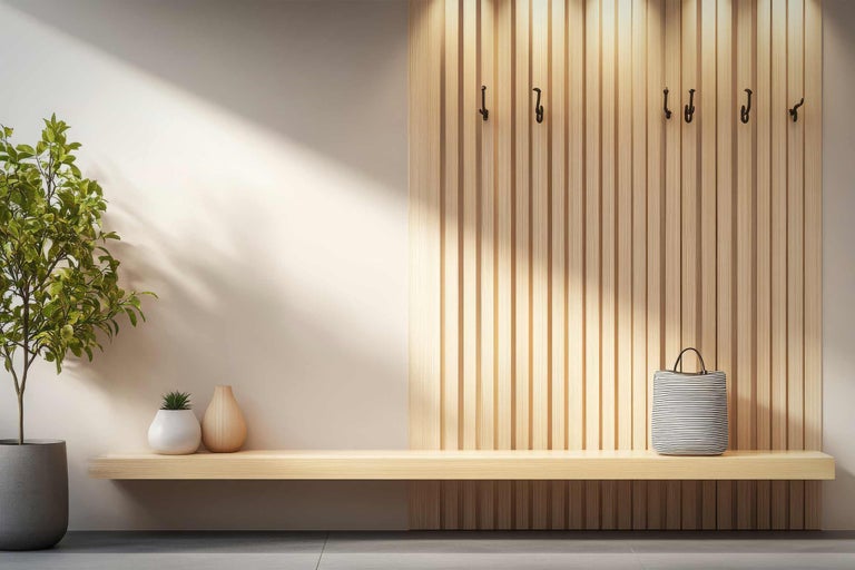 Heller Raum mit Garderobe, Holzbank, Pflanze und Accessoires