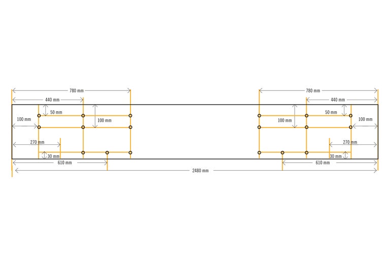 Diagramm mit Maßangaben für ein Holzbauelement, Gesamtlänge 2480 Millimeter