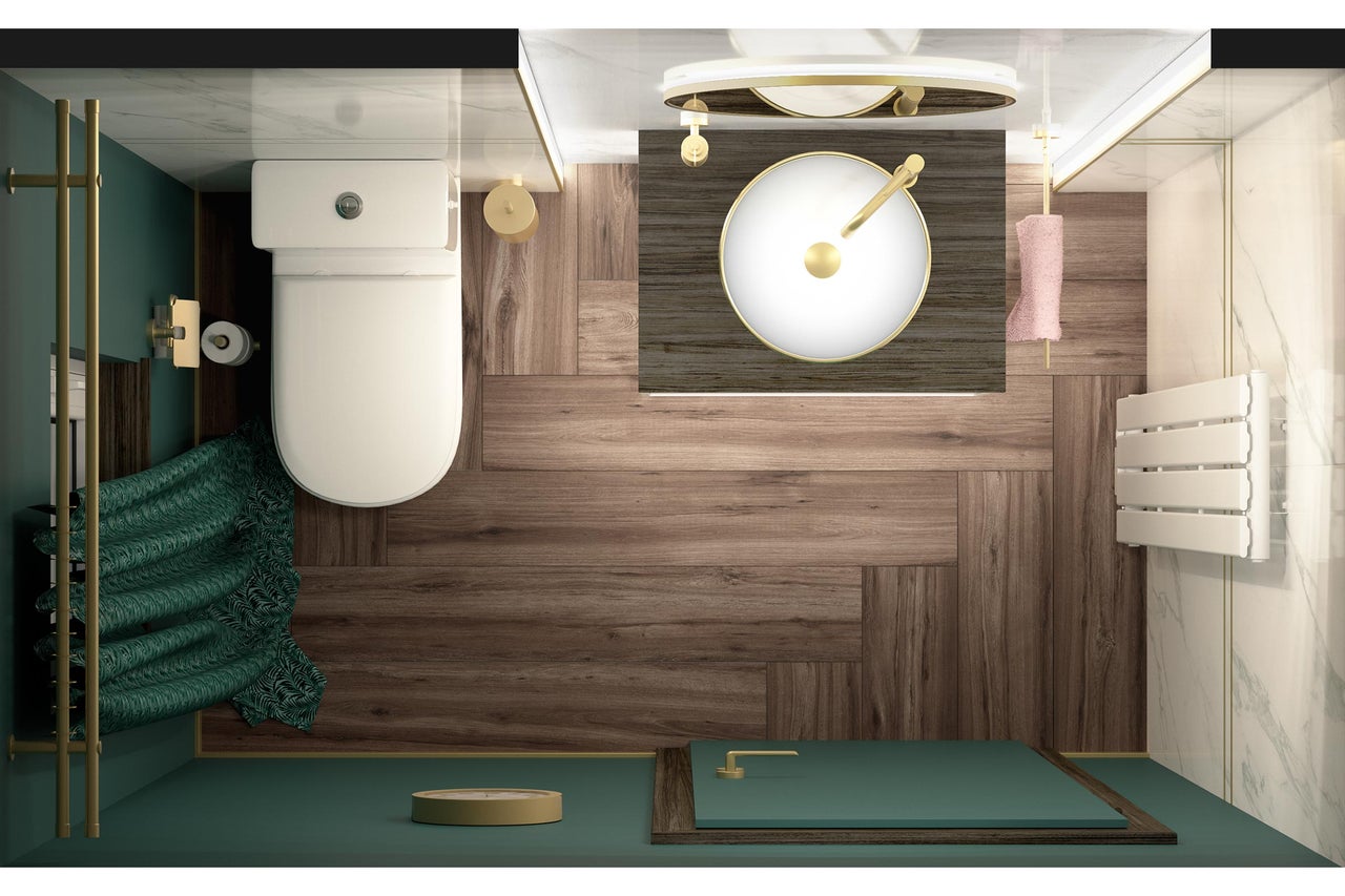 Draufsicht auf ein modernes Badezimmer mit weißem WC, rundem Aufsatzwaschbecken, goldfarbenen Armaturen und Bodenfliesen in Holzoptik.