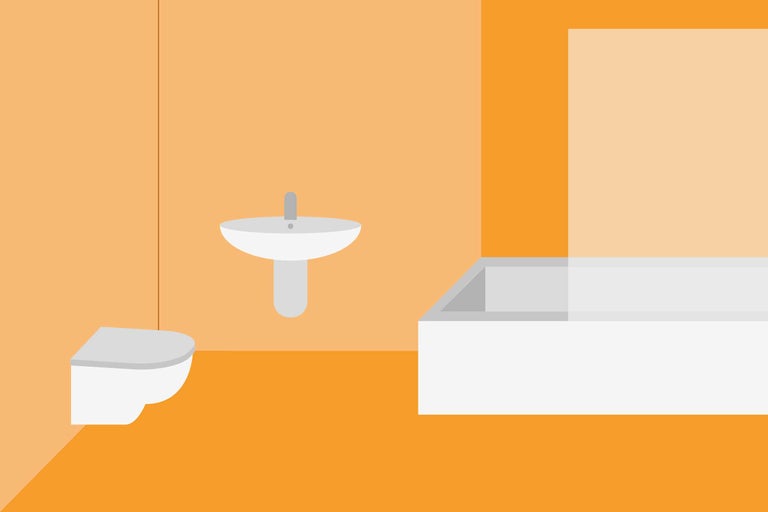 Badezimmerausstattung mit Toilette, Waschbecken und Badewanne