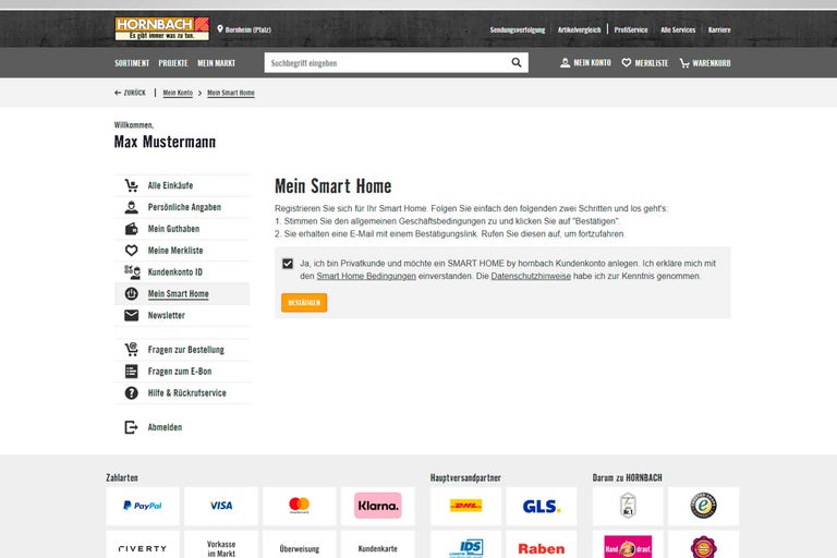 Hornbach Webseite: Mein Smart Home Konto