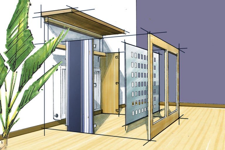 Skizze eines Badezimmers mit Dusche, Toilette und Waschbecken