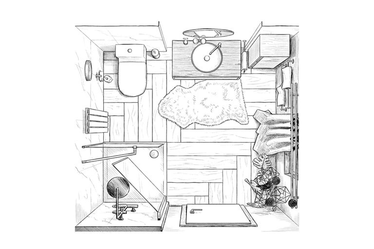 Draufsicht eines Badezimmers mit Toilette, Dusche, Waschbecken und Badmöbeln