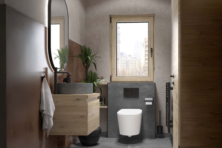 Modernes Badezimmer mit Waschtisch, Spiegel, Toilette und Fenster