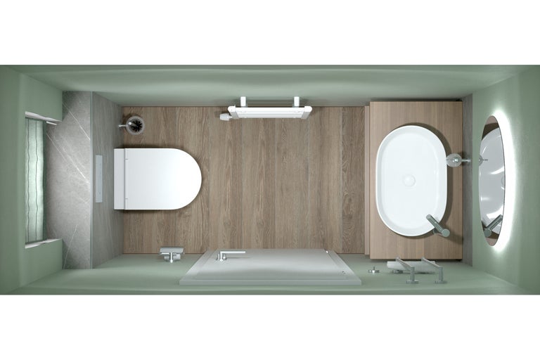 Badezimmeransicht von oben mit Toilette, Badewanne, Dusche und Waschbecken