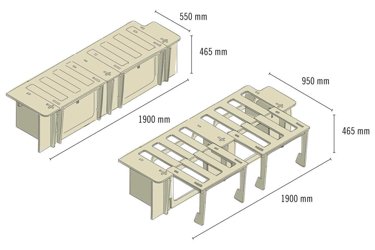 Illustration eines ausklappbaren Bettsystems mit Größenangaben