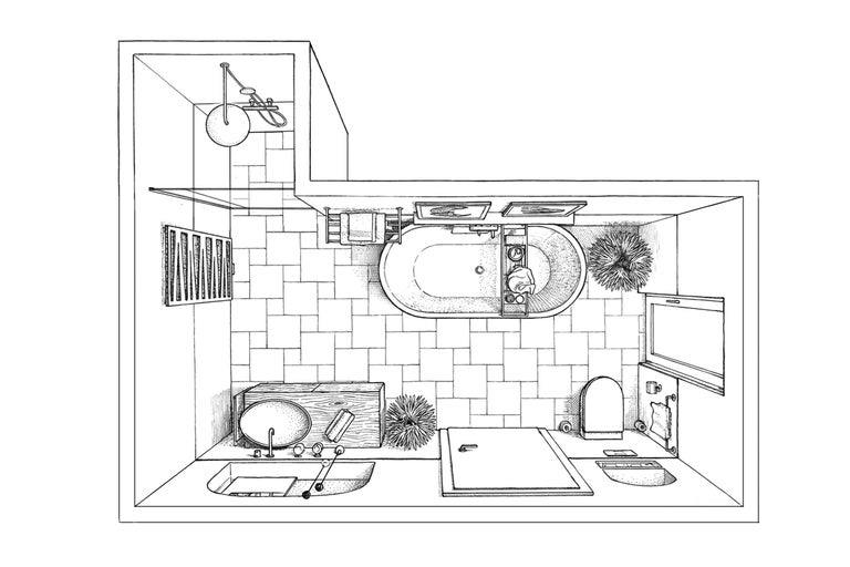 Draufsicht eines Badezimmers mit Badewanne, Dusche, Waschbecken und Toilette