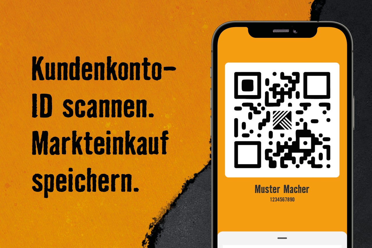 Smartphone mit QR-Code zum Scannen der Kundenkonto-ID und Speichern des Markteinkaufs