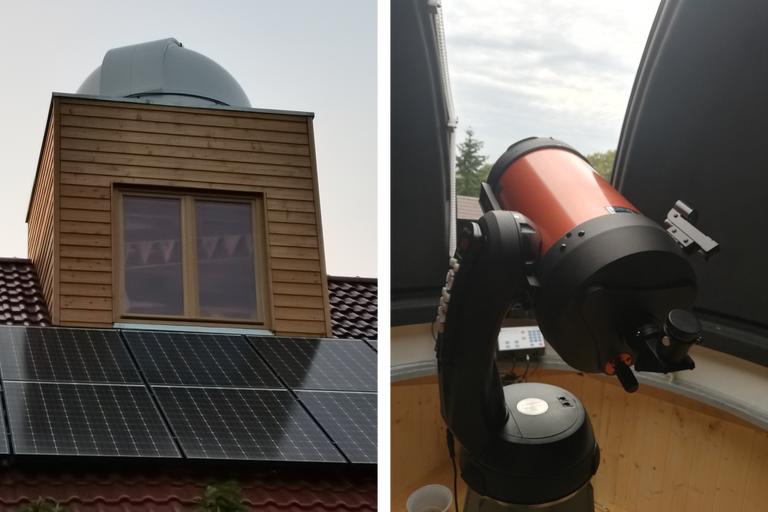 Ein Haus mit Solarmodulen und einem Teleskop zur Sternenbeobachtung.