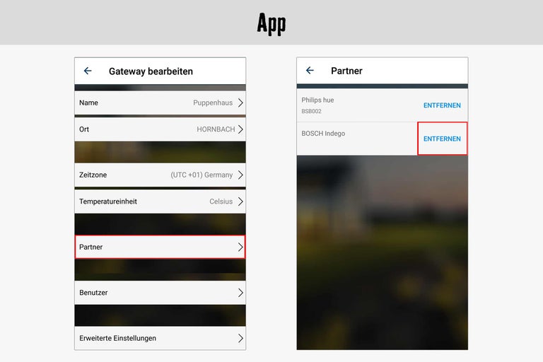 App-Ansicht mit Optionen zum Bearbeiten des Gateways und zum Entfernen von Partnern