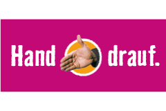 Icon für HORNBACH Dauertiefpreise, zeigt eine Hand auf orangenem Kreis mit Schriftzug „Hand drauf.“