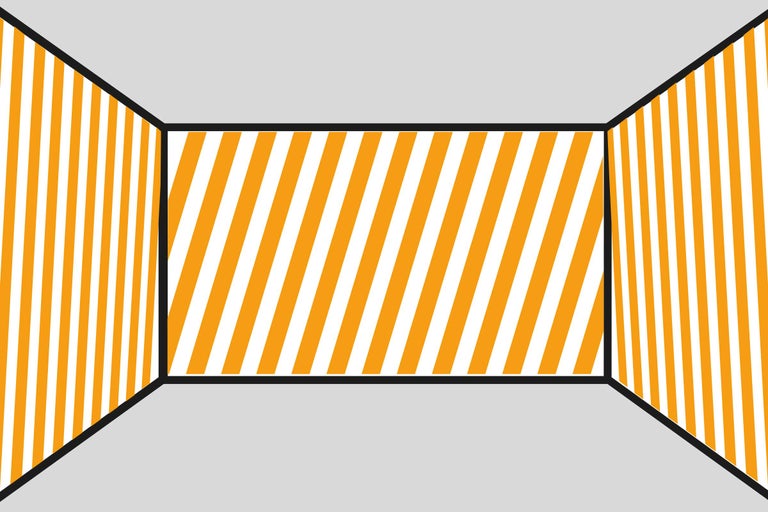 Grafische Darstellung eines Raumes mit gelb-weissen Warnstreifen