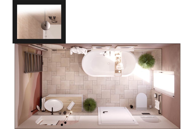 Ansicht von oben eines Badezimmers mit Badewanne, Toilette, Waschbecken und Handtuchwärmer.