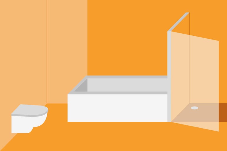 Badezimmer mit Toilette, Badewanne und Duschabtrennung