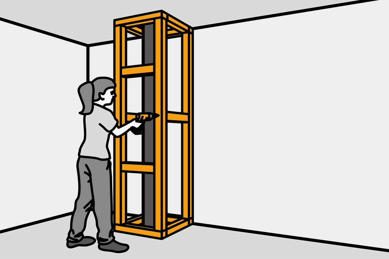 Illustration einer Frau, die mit einem Akkuschrauber eine Holzkonstruktion an einer Wand befestigt.