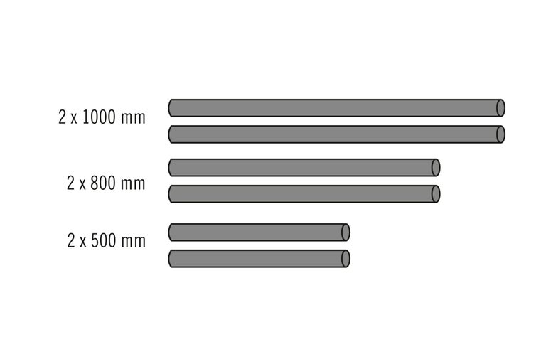 Rohre in verschiedenen Längen: 2 x 1000 mm, 2 x 800 mm, 2 x 500 mm