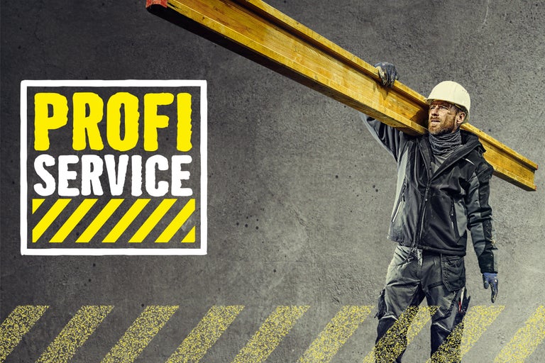 Handwerker mit Bauholz und Profi Service Schriftzug