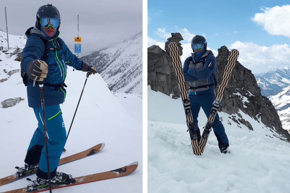 Zwei Bilder von Klaus beim Fahren im Schnee. Natürlich mit selbst gemachten Ski. Zwei Bilder von Klaus beim Fahren im Schnee. Natürlich mit selbst gemachten Ski.
