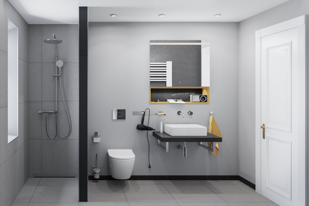 Modernes Badezimmer mit Dusche, Toilette, Waschbecken und Spiegel