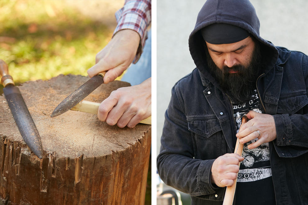 Das Holz wird mehrere Stunden geraspelt + Ryan fädelt die Sehnen ein Das Holz wird mehrere Stunden geraspelt + Ryan fädelt die Sehnen ein