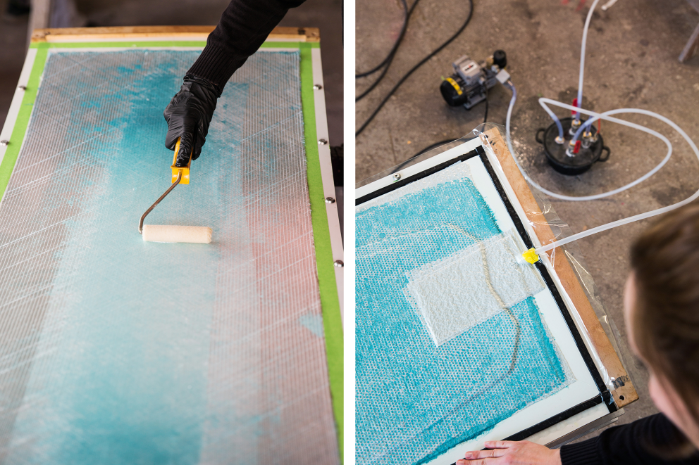Autorin Esther Acason trägt mithilfe eines Farbrollers Epoxidharz auf die unterschiedlichen Gewebeschichten des selbst gebauten Kiteboards Autorin Esther Acason trägt mithilfe eines Farbrollers Epoxidharz auf die unterschiedlichen Gewebeschichten des selbst gebauten Kiteboards