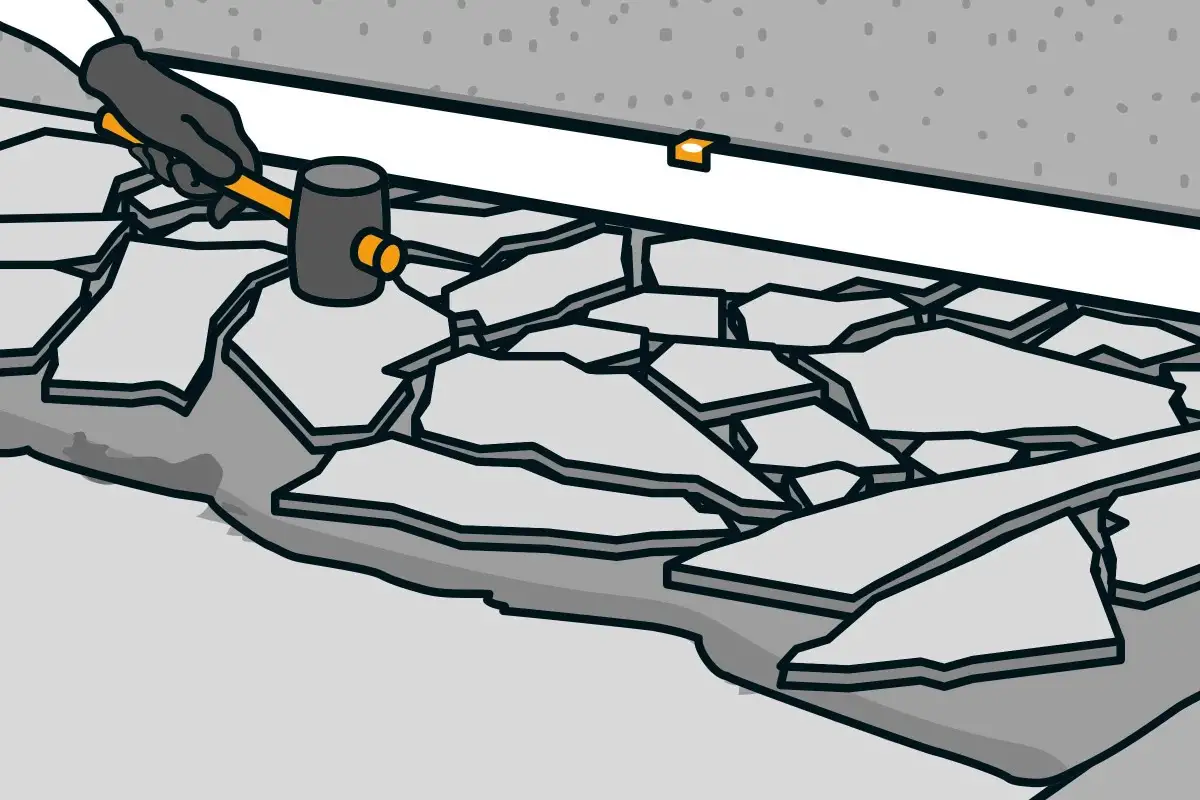Illustration zeigt eine Person mit Hammer beim Pflaster entfernen.