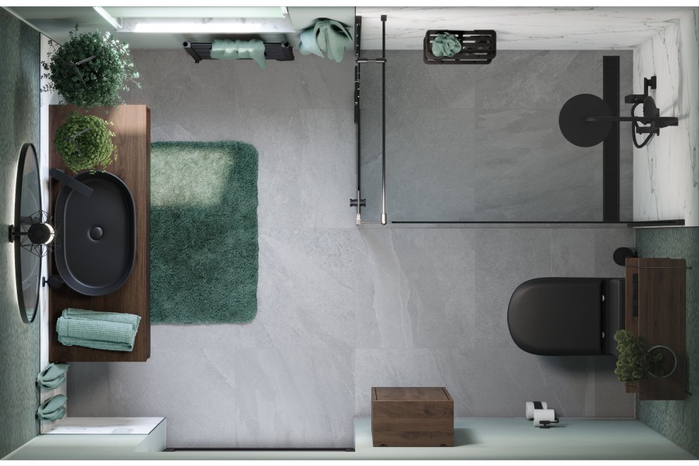 Vogelperspektive eines modernen Badezimmers mit Dusche, Toilette, Waschbecken und Accessoires