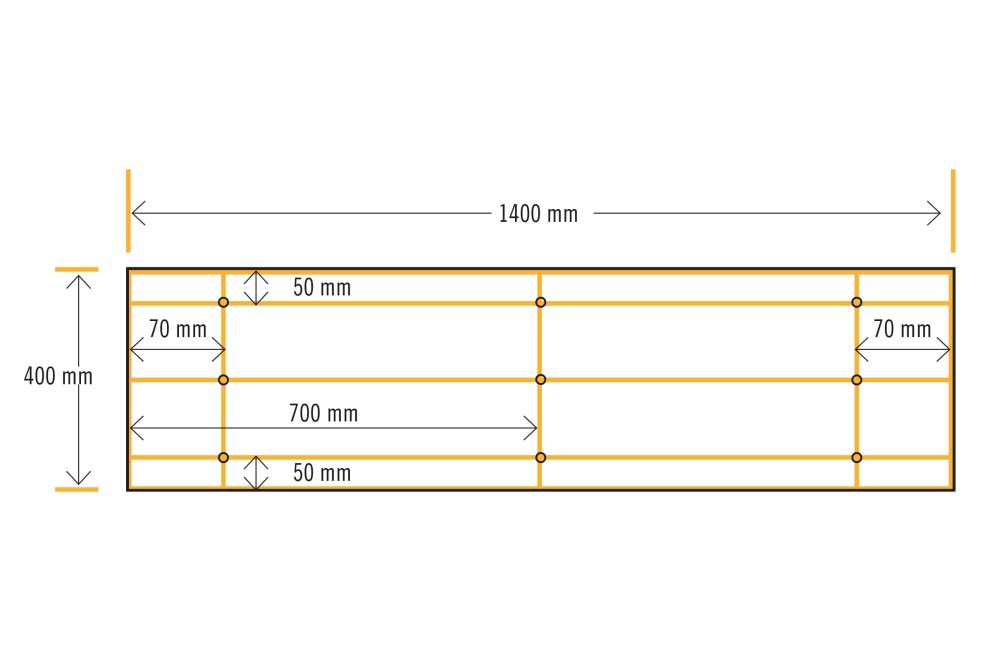 Schema mit Abmessungen: 1400 mm Länge, 400 mm Breite, 50 mm und 70 mm Abstand.