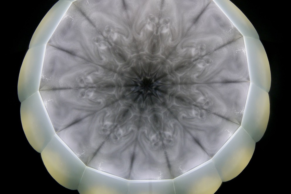 
				Das neue Strömungs Kaleidoskop von Lothar Lempp: durch den Stoßimpuls via Spritze formieren sich die Silberpigmente in der Flüssigkeit

			