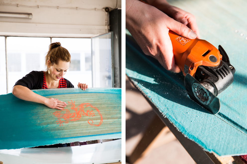Esther Acason schneidet die überstehende Seite des Kiteboards mithilfe des Multitools ab Esther Acason schneidet die überstehende Seite des Kiteboards mithilfe des Multitools ab