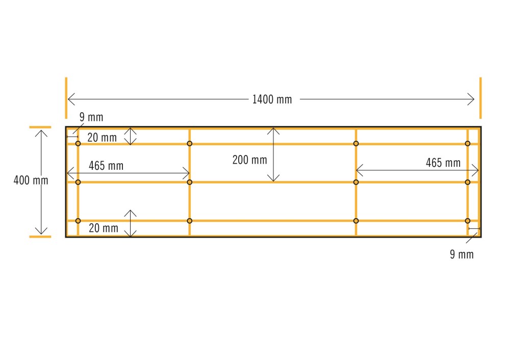 Diagramm mit Maßangaben: Länge 1400 mm, Höhe 400 mm, weitere Maße enthalten