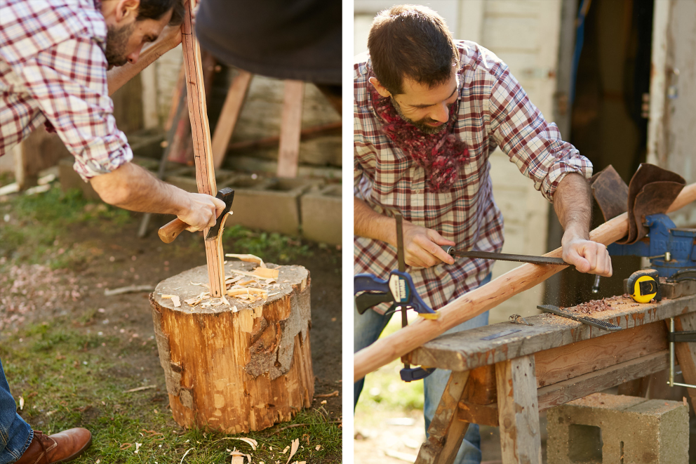Das Holz wird mit einem Beil bearbeitet + Mit einer Raspel geht es an den Feinschliff Das Holz wird mit einem Beil bearbeitet + Mit einer Raspel geht es an den Feinschliff