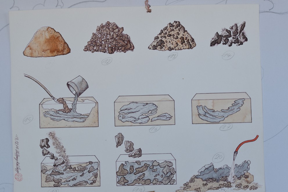 
				Kleine Materialstudie (oben von links nach rechts): Wolfgang hat dem Zement Sand, Lehmklumpen, Erde mit Sand oder Ackerschollen beigemischt, für natürlichere Felsenoptik.

			