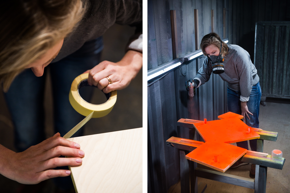 Catharina König klebt die Seiten der Multiplexplatten ab und sprüht mit gleichmäßigem Druck und Entfernung die Unterseite des Tisches an. Catharina König klebt die Seiten der Multiplexplatten ab und sprüht mit gleichmäßigem Druck und Entfernung die Unterseite des Tisches an.