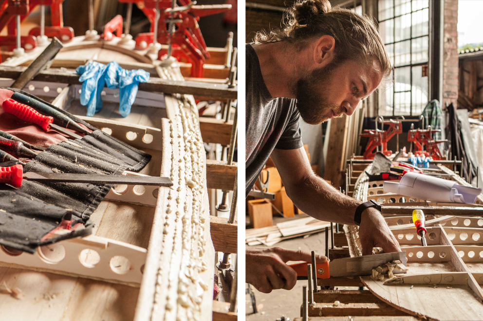 Verkleben der Paulownialeisten an den Außenkanten des Surfboards + Anpassung und Verstärkung des Tails mit Vollholz Verkleben der Paulownialeisten an den Außenkanten des Surfboards + Anpassung und Verstärkung des Tails mit Vollholz