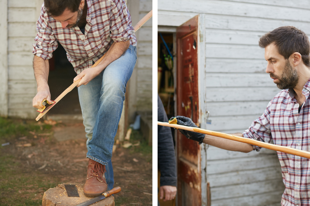 Schließlich wird das Holz geglättet + Die Politur verleiht dem Bogen einen glänzenden Look Schließlich wird das Holz geglättet + Die Politur verleiht dem Bogen einen glänzenden Look