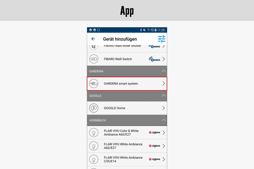 Screenshot einer App mit der Option GARDENA Smart System