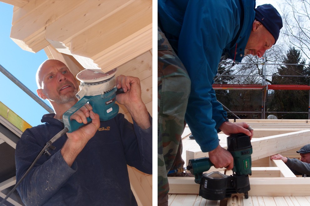 Marco Bulla schleift die Dachträger an seinem selbstgebauten Blockhaus Marco Bulla schleift die Dachträger an seinem selbstgebauten Blockhaus