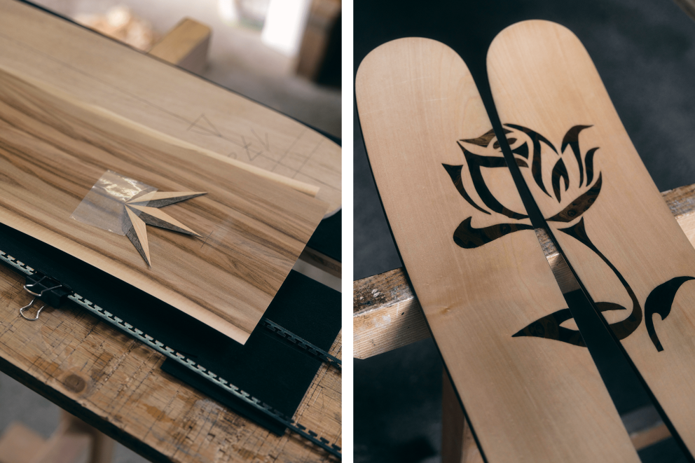 Holzoberfläche mit halbfertigen Intarsien. Paar Ski mit Intarsien in Form einer Rose. Holzoberfläche mit halbfertigen Intarsien. Paar Ski mit Intarsien in Form einer Rose.