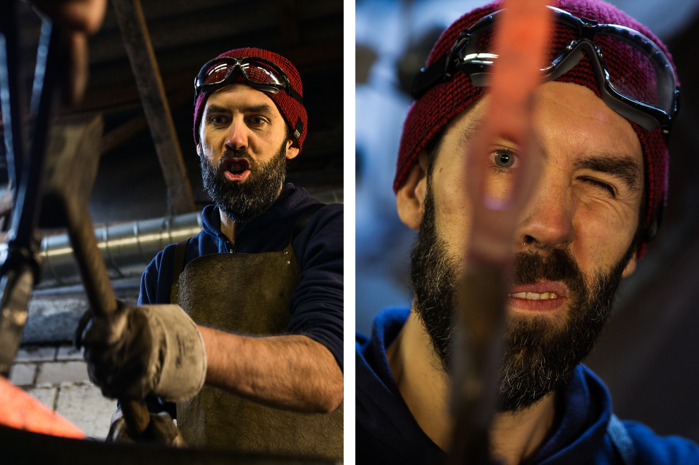 Sascha Borrée bringt den Stahl bei rund 1000, 1100 Grad Celsius zum Glühen Sascha Borrée bringt den Stahl bei rund 1000, 1100 Grad Celsius zum Glühen