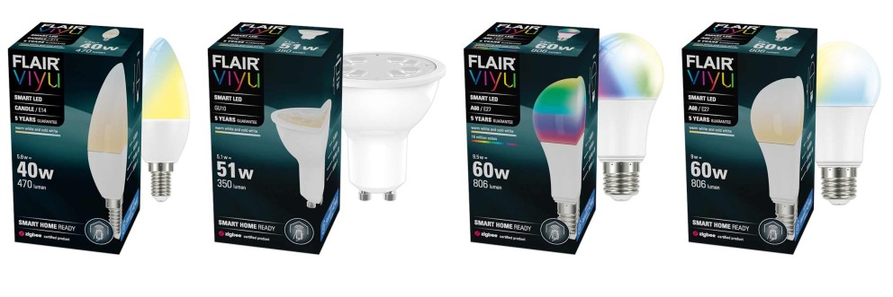 Verschiedene Flair Viyu Smart LED Leuchtmittel mit Produktverpackung