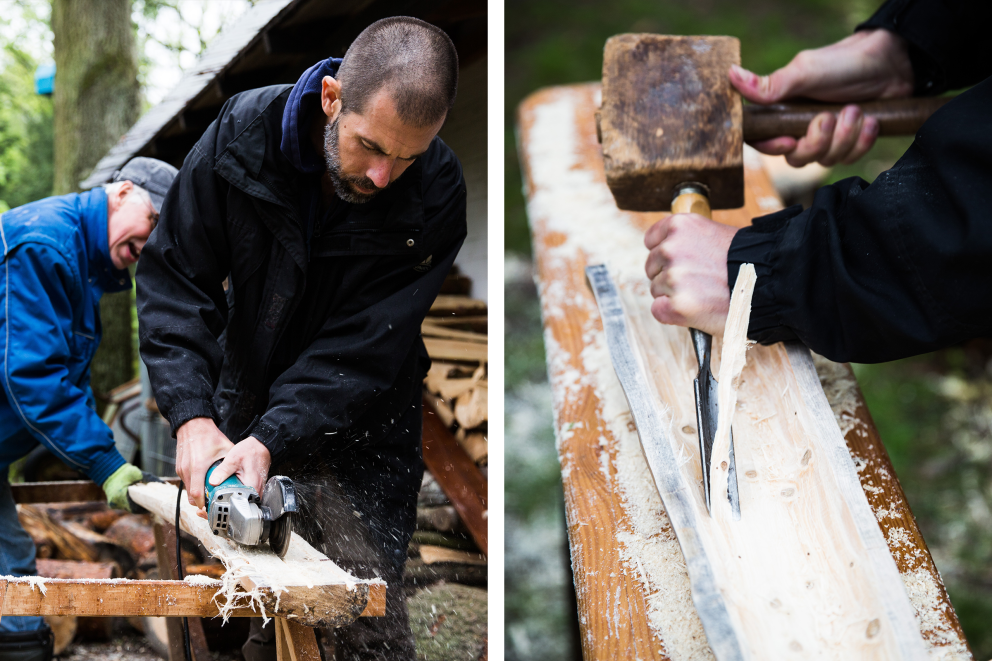 Mit einem Winkelschleifer höhlt Autor Sascha Borrée die Baumstammhälften von innen aus, angeleitet von Workshopleiter und Baumeister Wolfgang Lüttig. Daraus entsteht ein selbst gebautes Didgeridoo Mit einem Winkelschleifer höhlt Autor Sascha Borrée die Baumstammhälften von innen aus, angeleitet von Workshopleiter und Baumeister Wolfgang Lüttig. Daraus entsteht ein selbst gebautes Didgeridoo