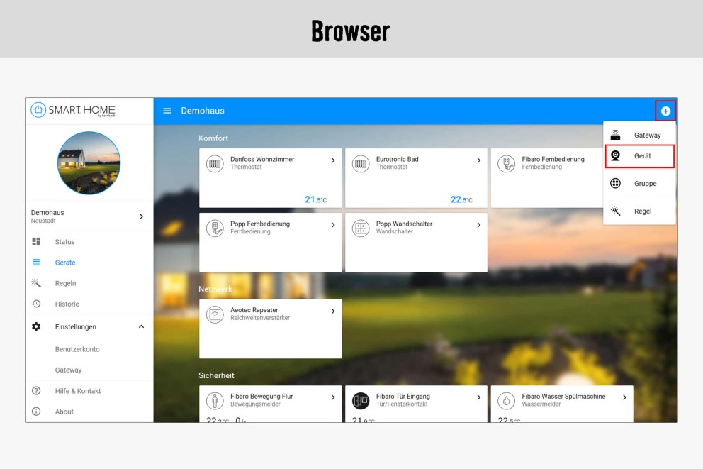 Smart Home Browseransicht mit Geräteauswahl